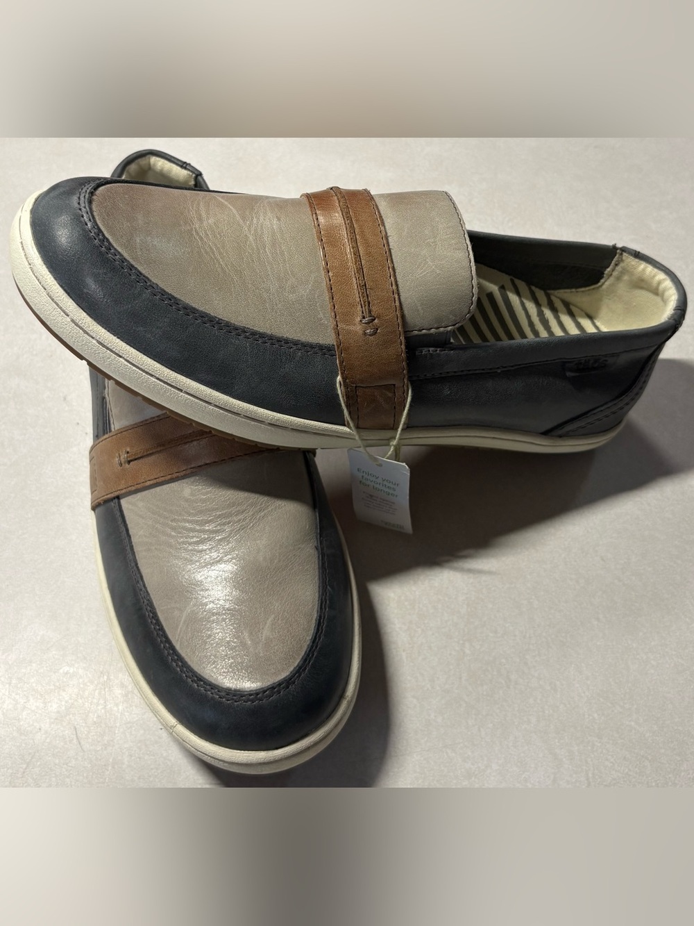 Taos Footwear Tri-Panel Slip-On Loafers in Gray, Black & Brown